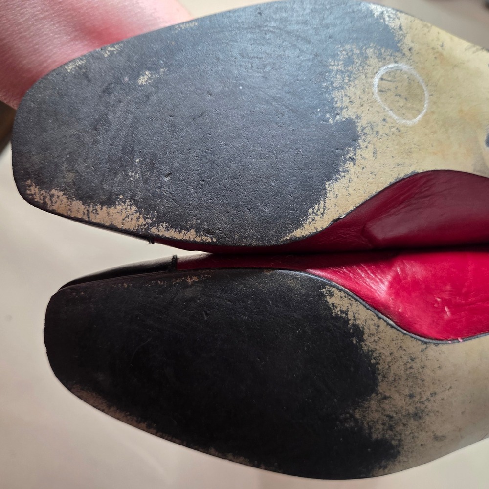 Vintage Margaret J Red Black Leather Star Studded Block Heel Pumps 2836 7M - Picture 9 of 11